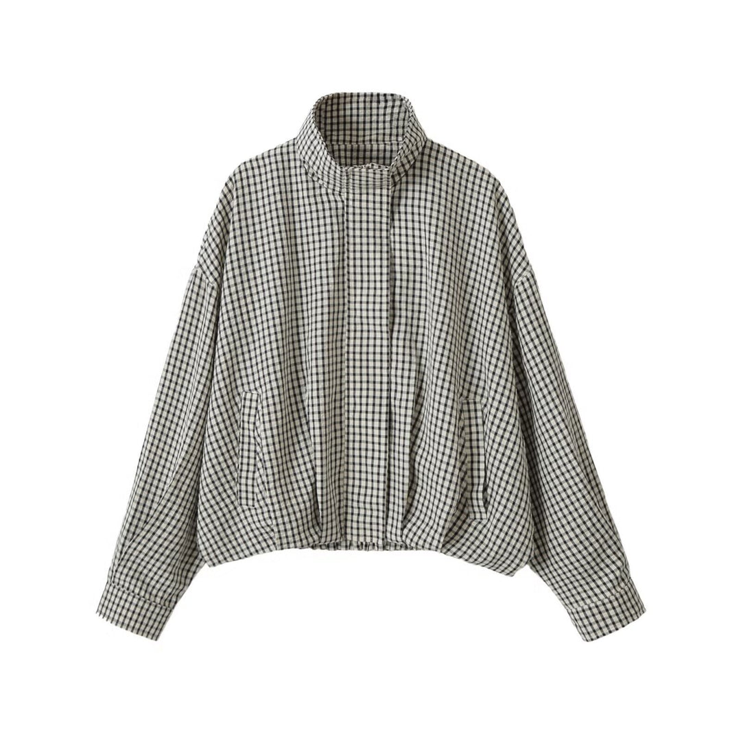 Women Oversized Short Blouson in Check Design with High Stand-Up Collar and Drawstring Hem Mune Fashion