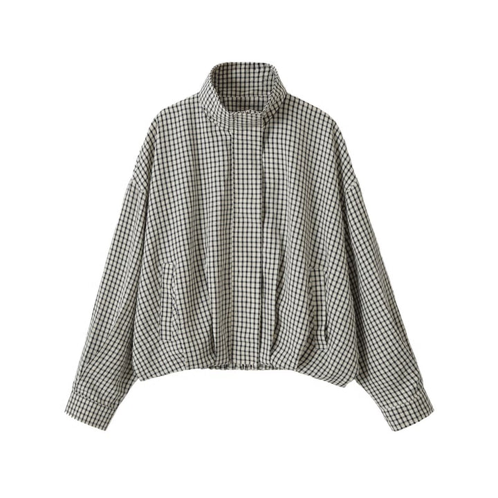 Women Oversized Short Blouson in Check Design with High Stand-Up Collar and Drawstring Hem Mune Fashion