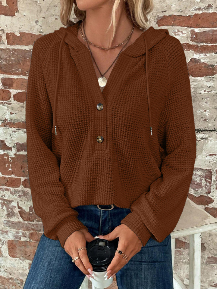 Women's Waffle Knit Hoodie with Button Placket and Ruffle Collar Mune Fashion