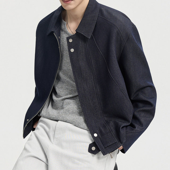 Men's Boxy Denim Jacket in Minimal Style with Shirt Collar and Concealed Snap Placket Mune Fashion