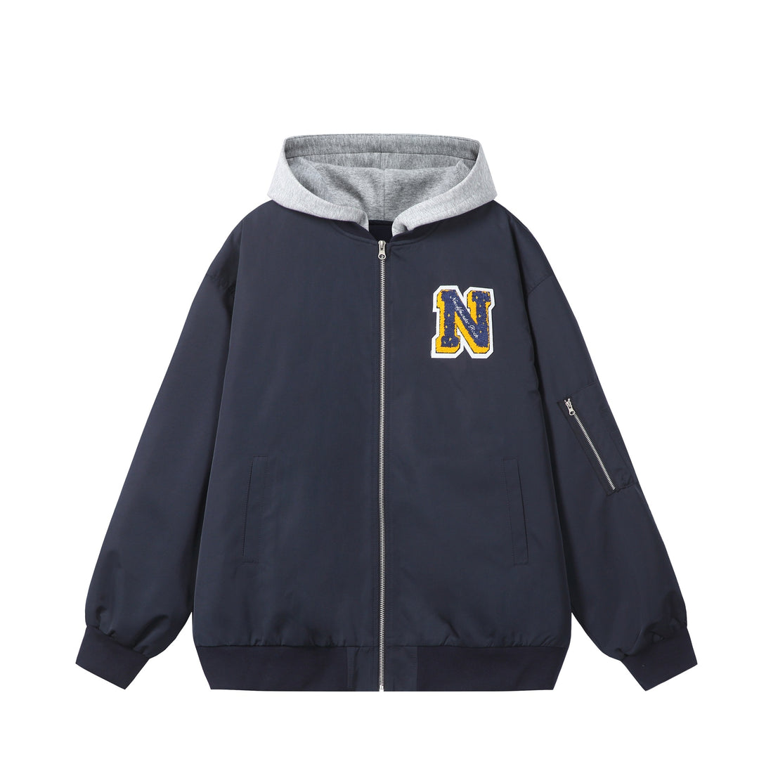Unisex Boxy-Multi-layer Bomber Jacket with Integrated Hood and Collegiate Patch Mune Fashion