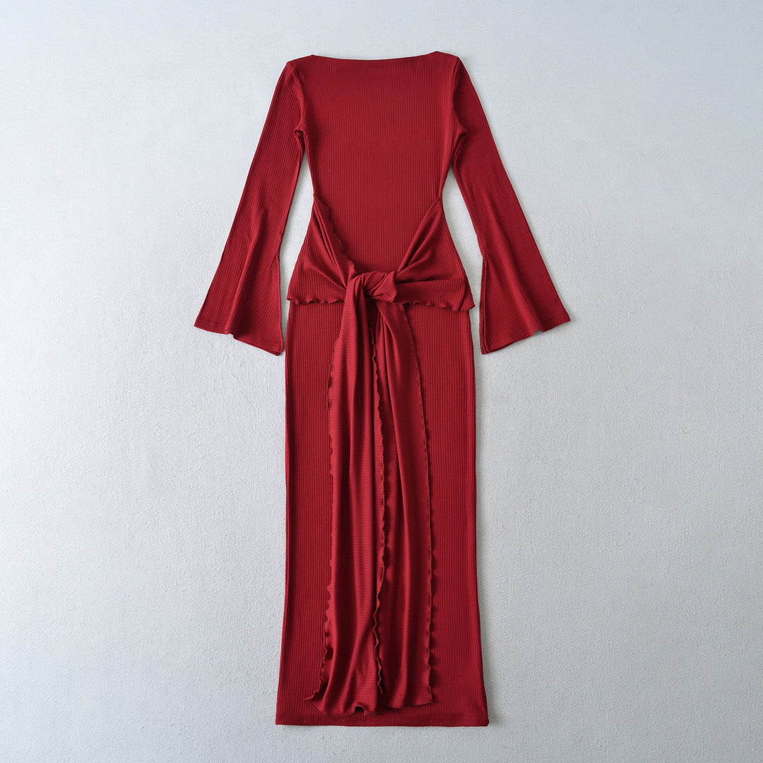 Ladies maxi dress made of ribbed knit with trumpet sleeves and waist knot detail Mune Fashion