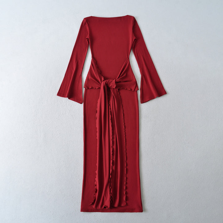 Ladies maxi dress made of ribbed knit with trumpet sleeves and waist knot detail Mune Fashion