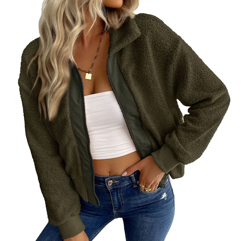 Women's Teddy Fleece Bomber Jacket with Stand-Up Collar, Full Zipper and Ribbed Cuffs Mune Fashion