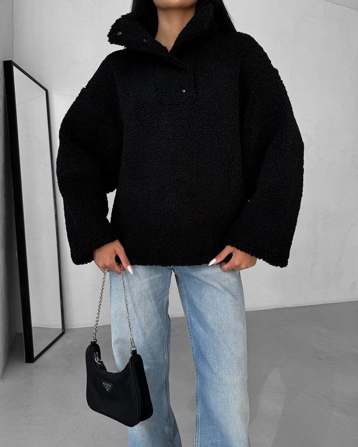 Women Oversized Teddy Sweater with Half Snap Placket and Stand Collar Mune Fashion