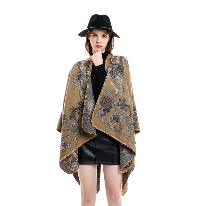Women's Reversible Knit Cloak with Floral Jacquard Weave and Decorative Chain Stitching
