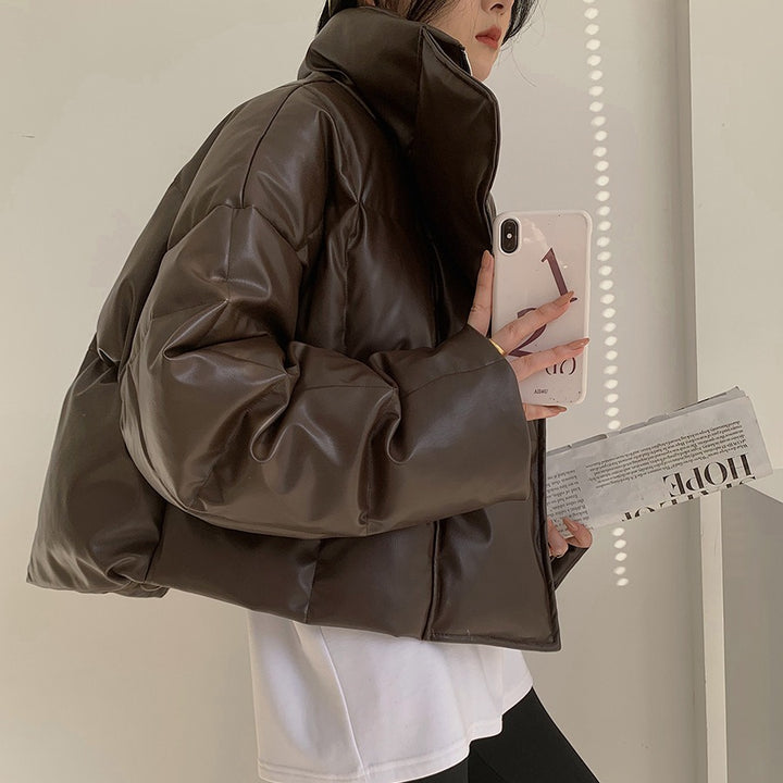 Women Fashionable Leather Down Jacket Mune Fashion