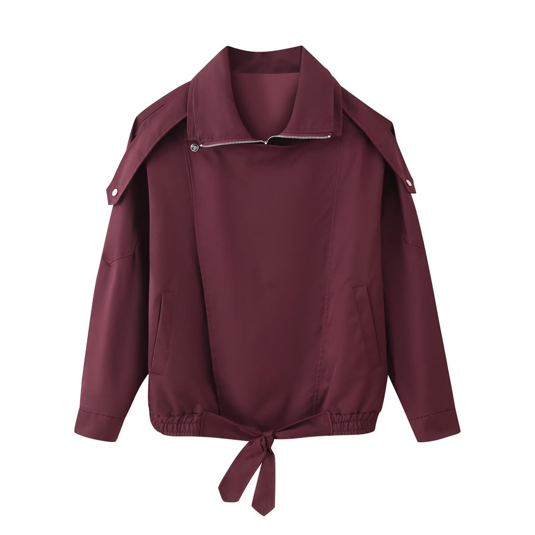 Women's oversized bomber jacket with asymmetric placket front, standing collar, and drawstring hem Mune Fashion