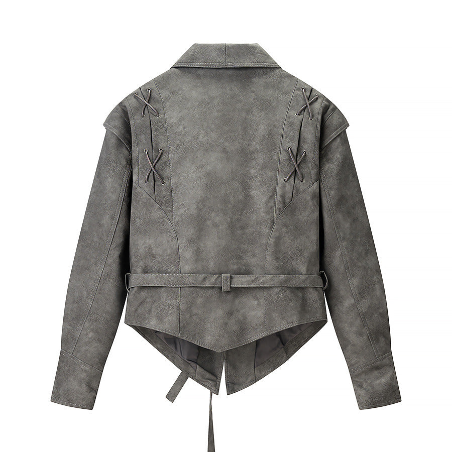 Women's short jacket in velour look with wrap belt and lacing detail Mune Fashion