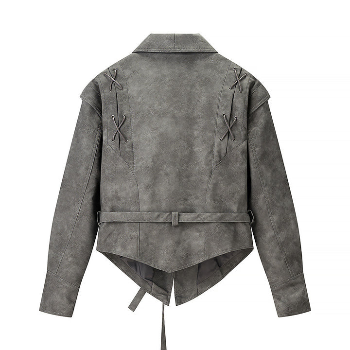 Women's short jacket in velour look with wrap belt and lacing detail Mune Fashion