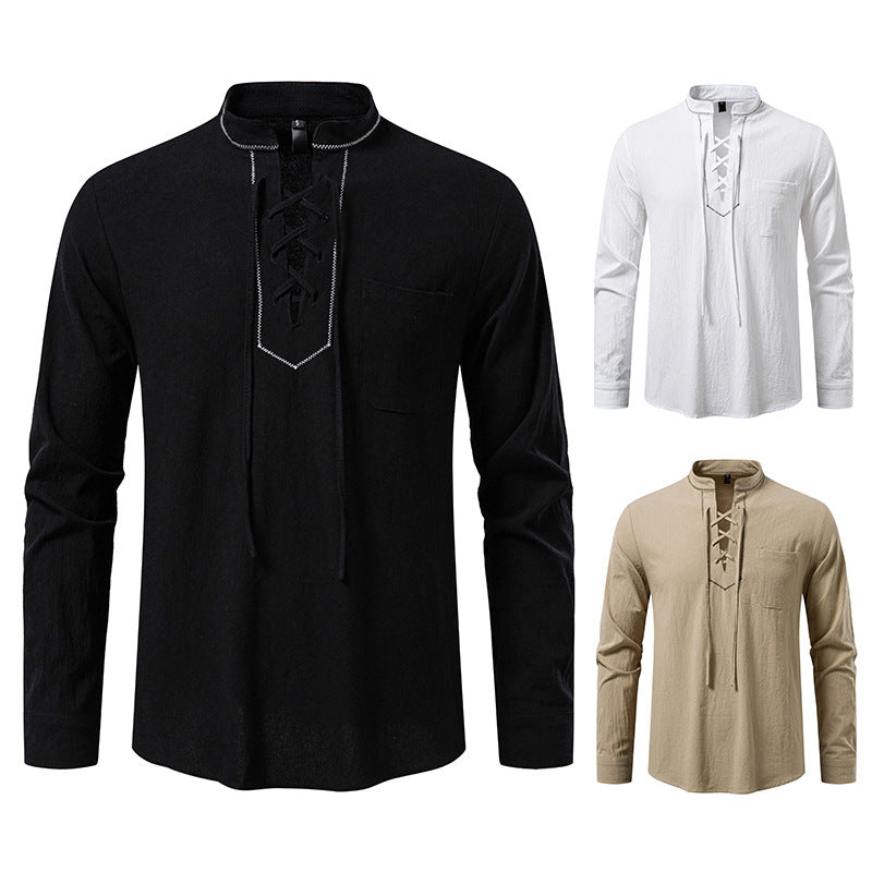 Men's Lightweight Cotton Blend Henley Shirt with Lace Placket and Stand Collar Mune Fashion