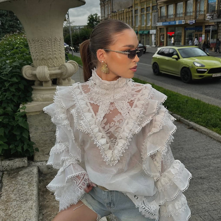 Women's Transparent Lace Blouse with Ruffle Sleeves and High Stand Collar Mune Fashion