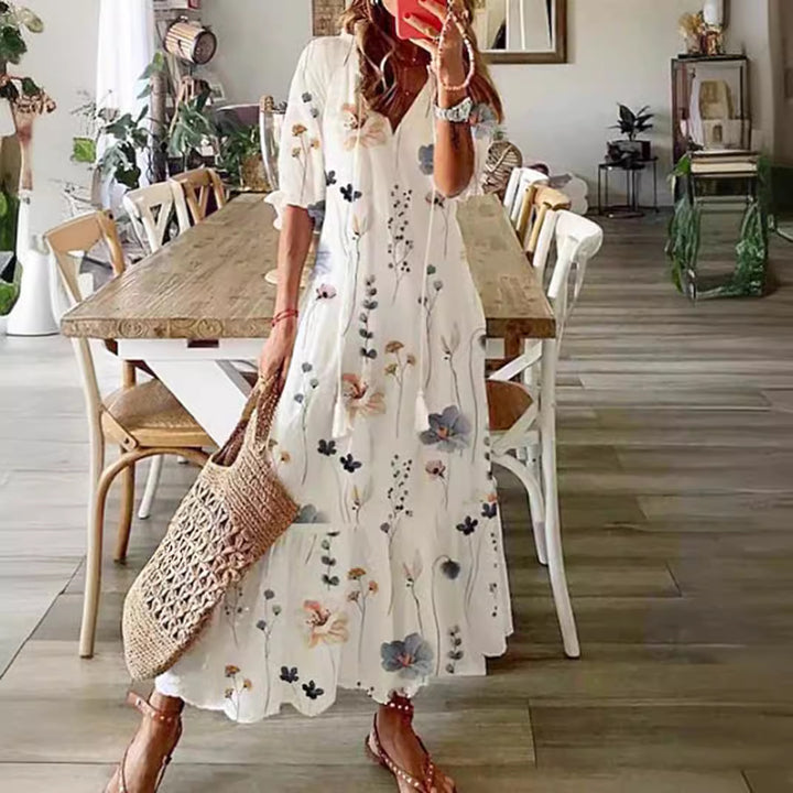 Women's ankle-length A-line summer dress with all-over floral pattern V-neck and loose fit Mune Fashion