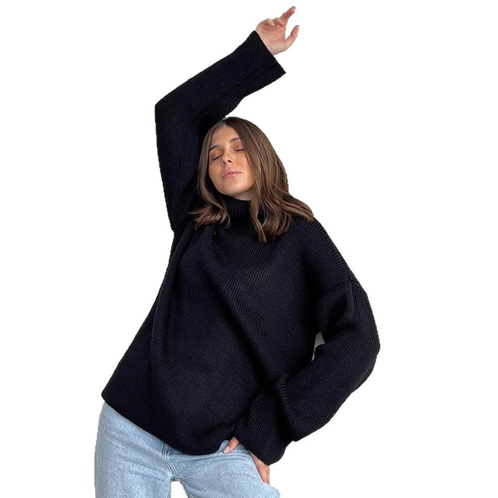 Women Oversized Ribbed Knit Turtleneck Sweater with Extended Cuff Mune Fashion