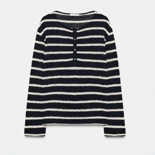 Women Striped Fine Knit Sweater with Back Buttons and Boat Neck Mune Fashion