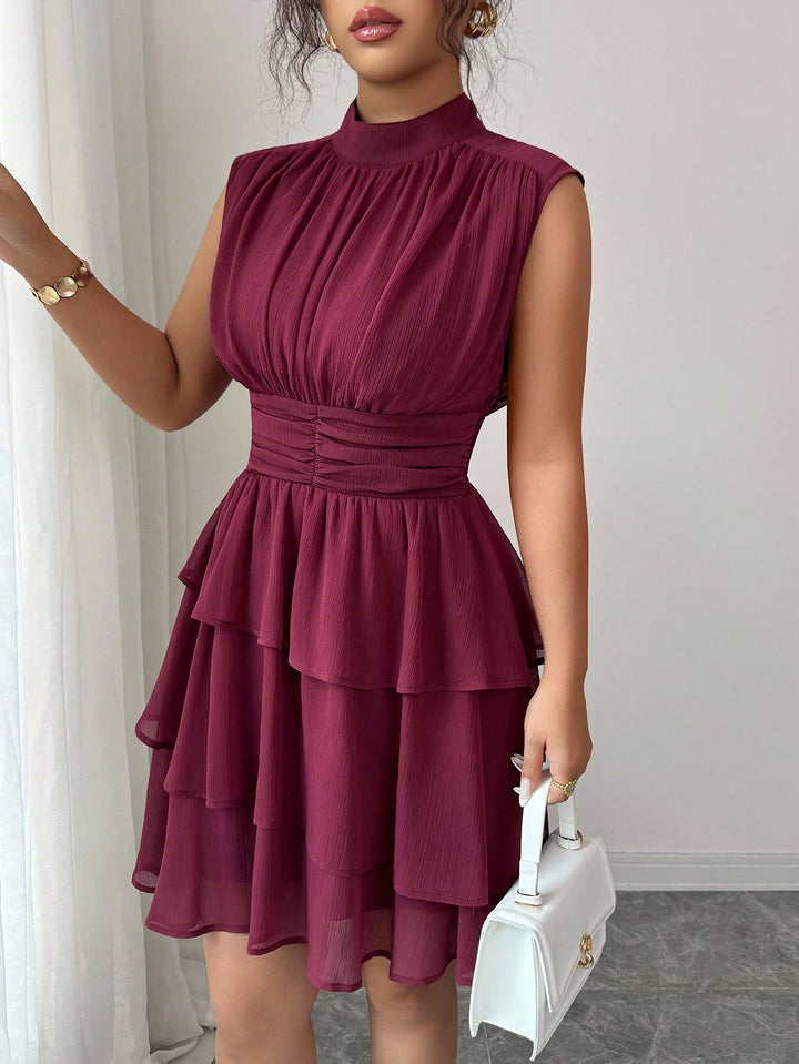Women Sleeveless Chiffon Layered Dress with Stand Collar and Tailored Ruffle Mune Fashion