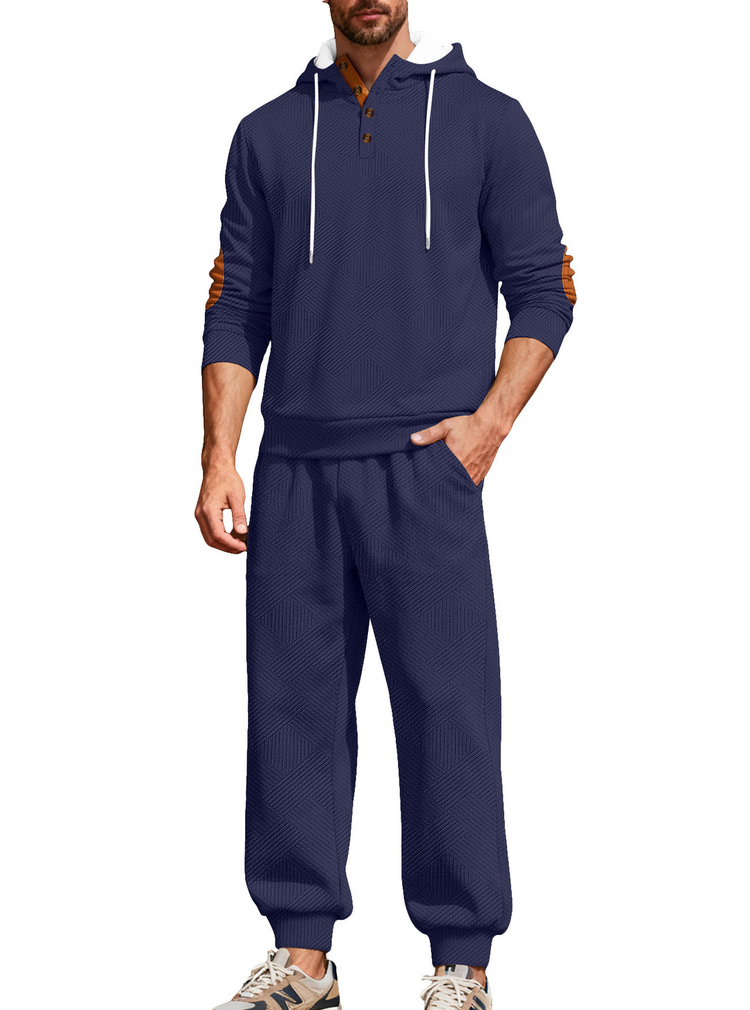 Men's textured hoodie jogging set with Henley button placket and contrast elbow patches Mune Fashion