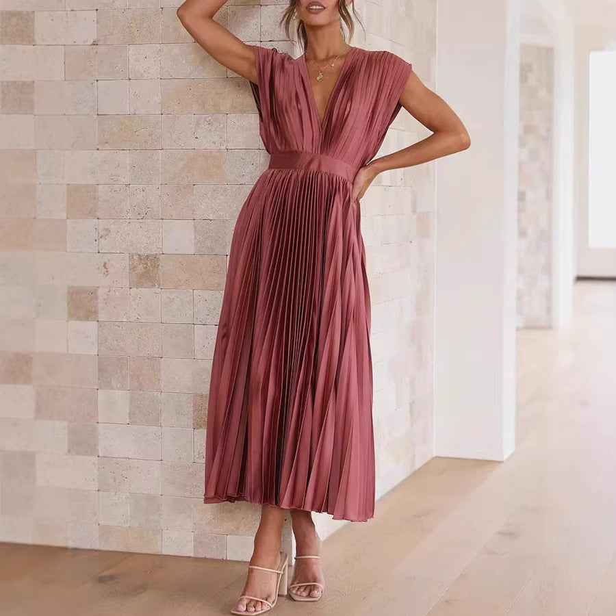 Women's Pleated Midi Dress with Deep V-Neck and Waist Belt Drune