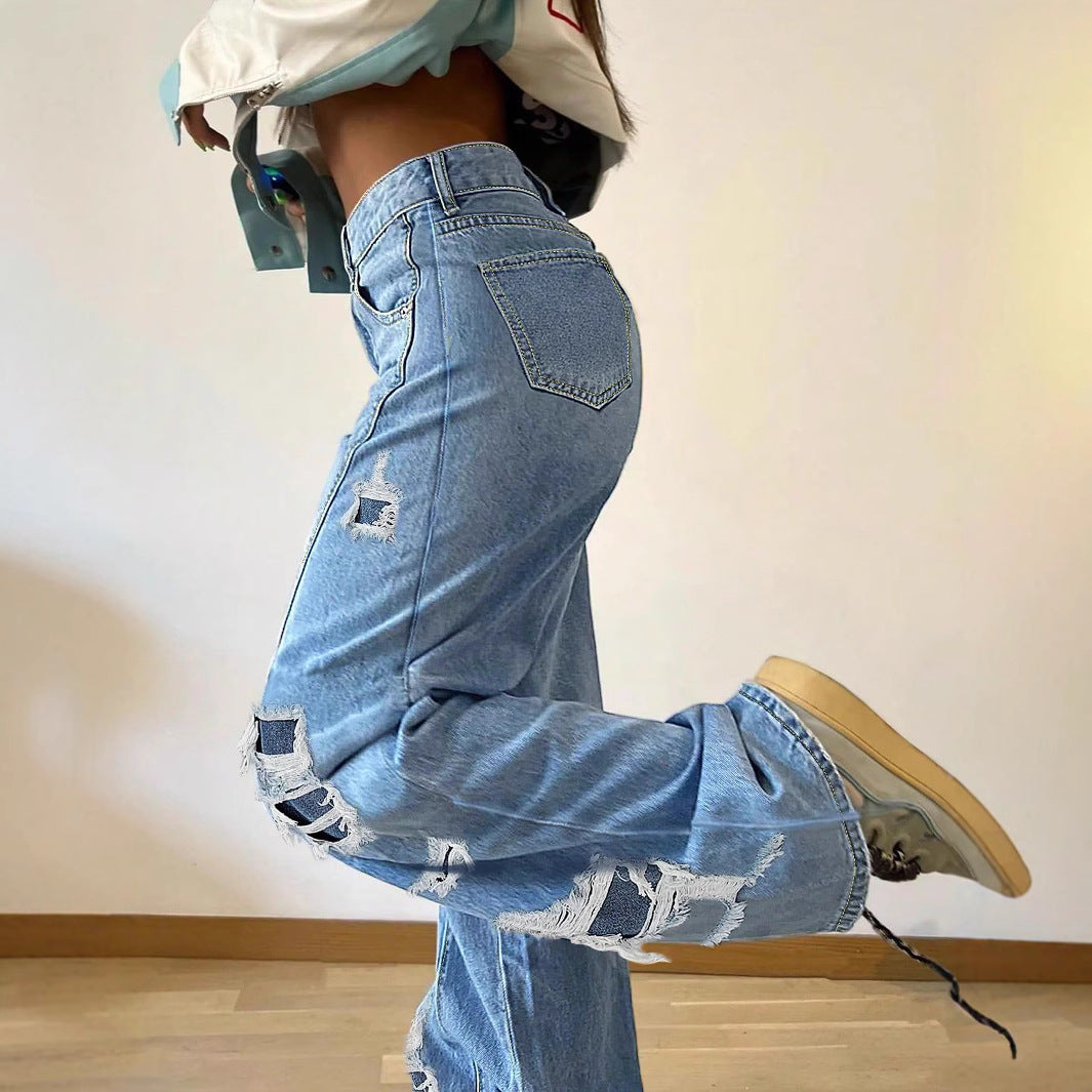 Ladies wide Destroyed jeans with side cutouts and contrasting underlays Mune Fashion