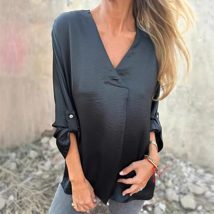 Women's Lightweight V-Neck Tunic Blouse with Rolled-Up Sleeves and Loose Fit Mune Fashion