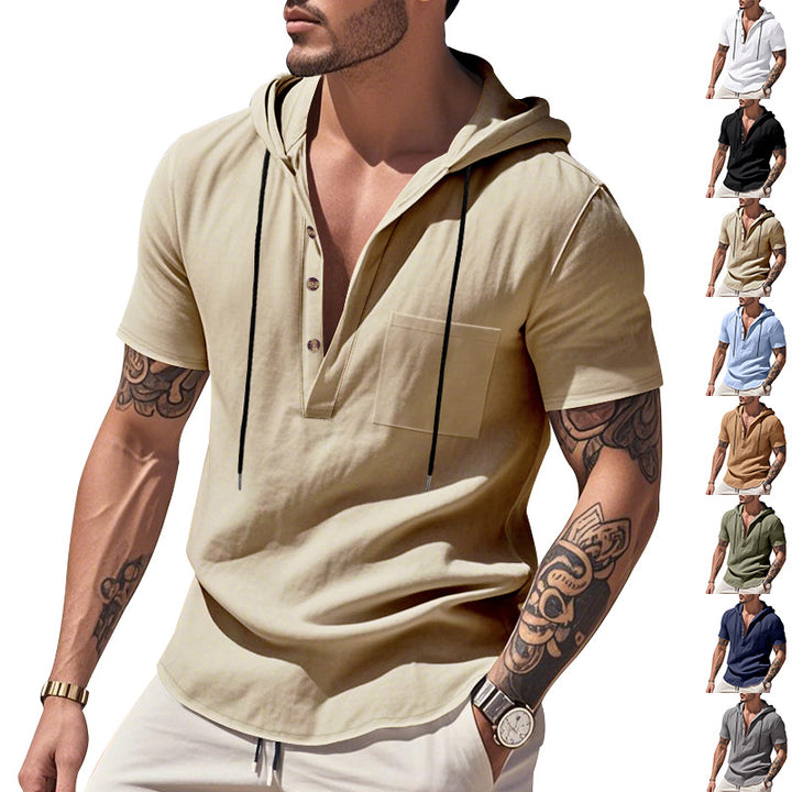 Men's lightweight short-sleeve hooded Henley made of single jersey with chest pocket and contrast drawstring Mune Fashion
