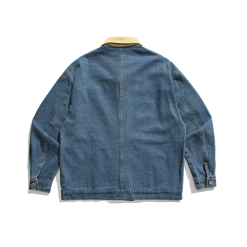 Unisex Boxy Jeans Jacket with Cord Collar, Snap Button Placket and Side Pockets Mune Fashion