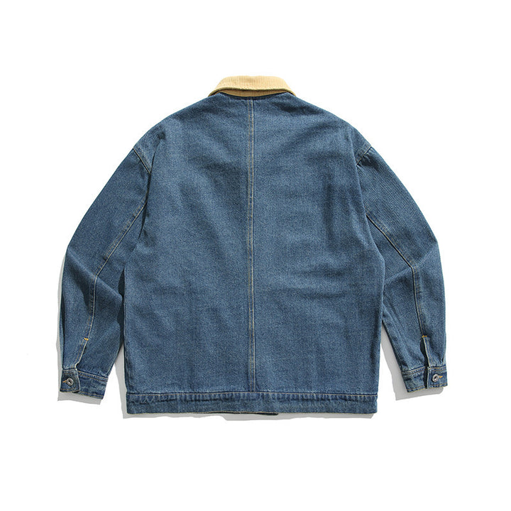 Unisex Boxy Jeans Jacket with Cord Collar, Snap Button Placket and Side Pockets Mune Fashion