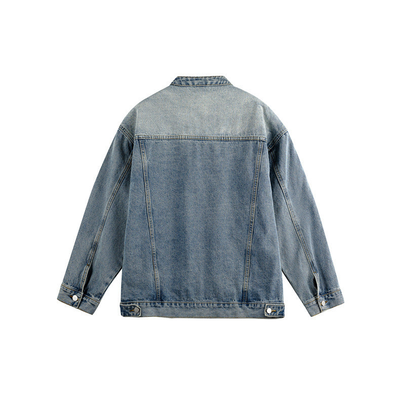 Unisex Boxy Denim Jacket in Workwear Style with Curved Seam and Stand-Up Collar Mune Fashion
