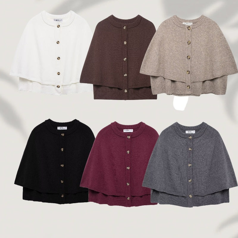 Women's Button-Front Knit Cape with Double Layer and Round Neckline Mune Fashion