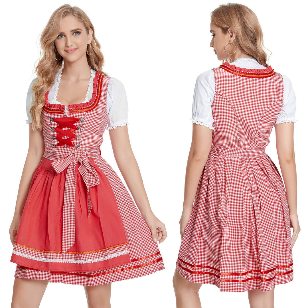 Women's classic traditional Dirndl dress with laced bodice, heart-embroidered apron, and Vichy check skirt Mune Fashion