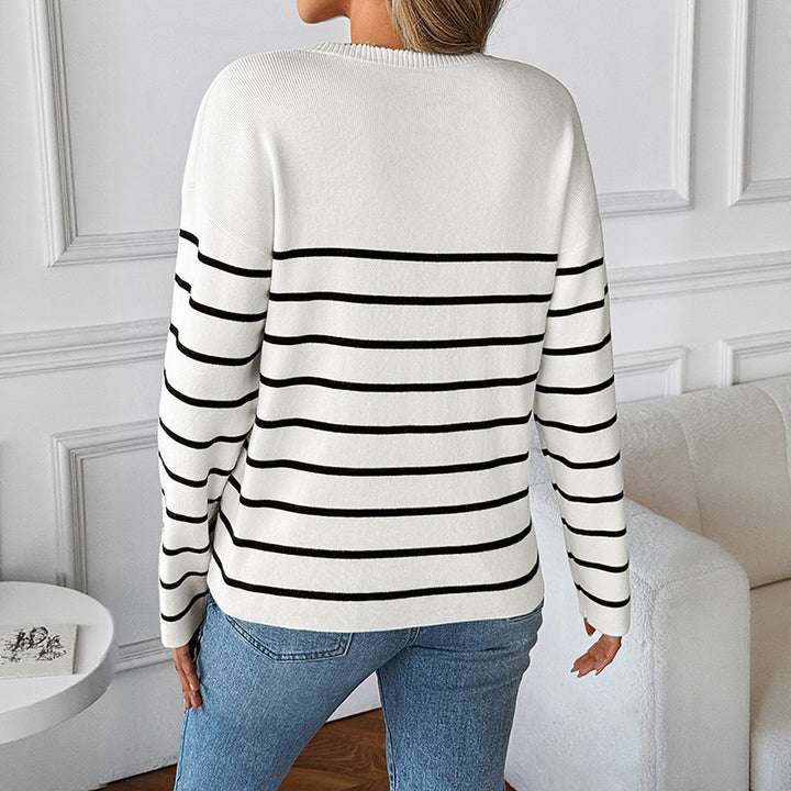 Women's Striped V-Neck Sweater with Wavy Collar Edge and Casual Fit Mune Fashion