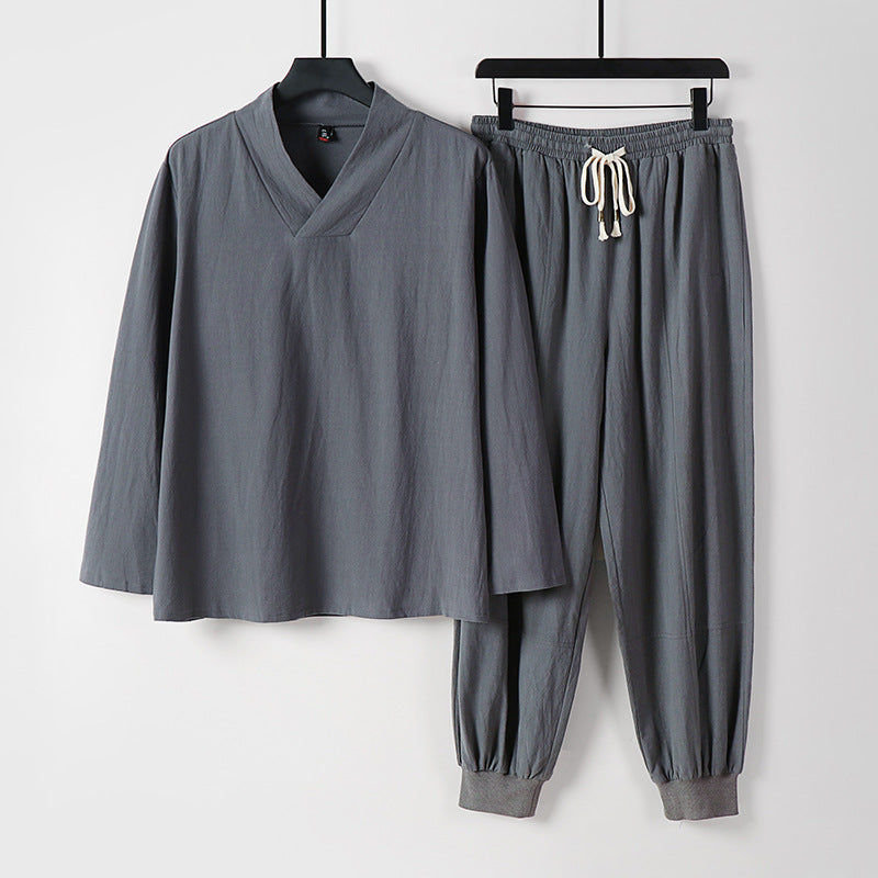 Men's Lightweight Kimono Loungewear Set Made of Cotton Blend with V-Neck and Elastic Cuff Pants Mune Fashion