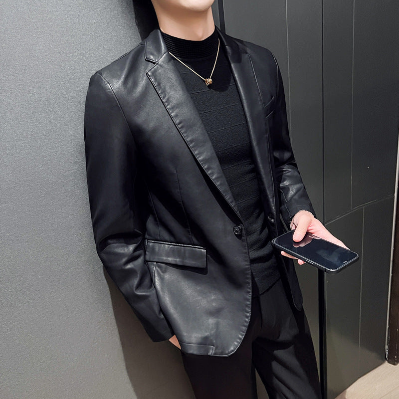 Men's Elegant Slim-Fit Faux Leather Blazer with Lapel Collar and Flap Pockets Mune Fashion