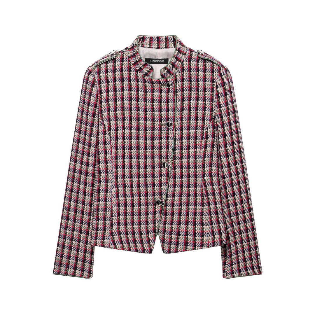 Women Short Blazer Jacket in Boucle Tweed with Stand Collar and Shoulder Pads Mune Fashion