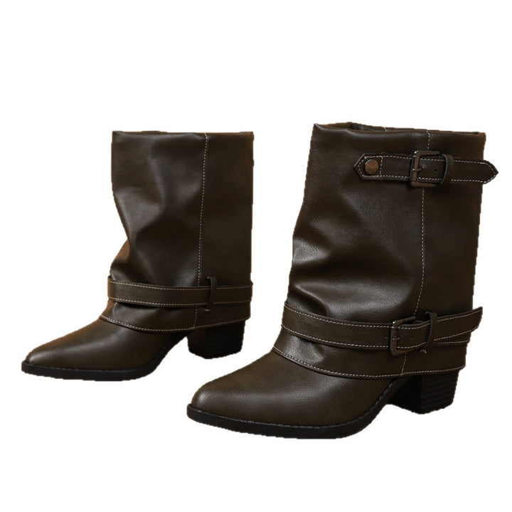 Women ankle boots with decorative buckle straps and block heel Mune Fashion