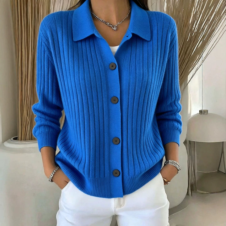 Women's Fine Ribbed Button Cardigan with Shirt Collar and Boxy Silhouette Mune Fashion