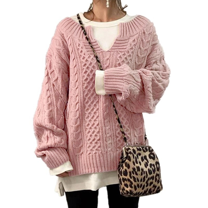 Women's oversized knitted sweater with cable pattern and V-neck Mune Fashion