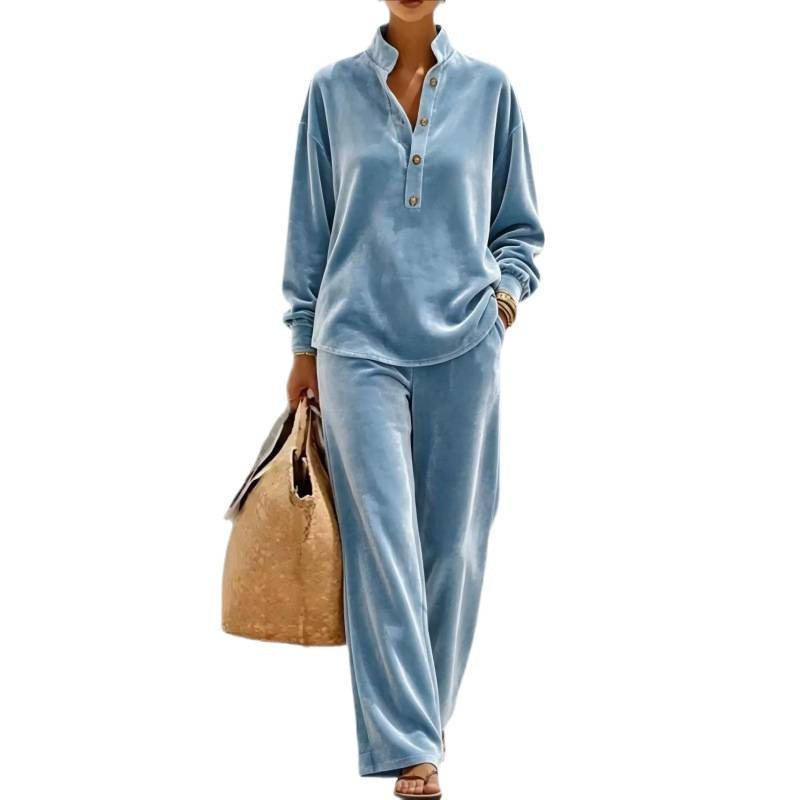 Ladies Velour Loungewear Set with Stand Collar Henley Top and Wide Palazzo Pants Mune Fashion