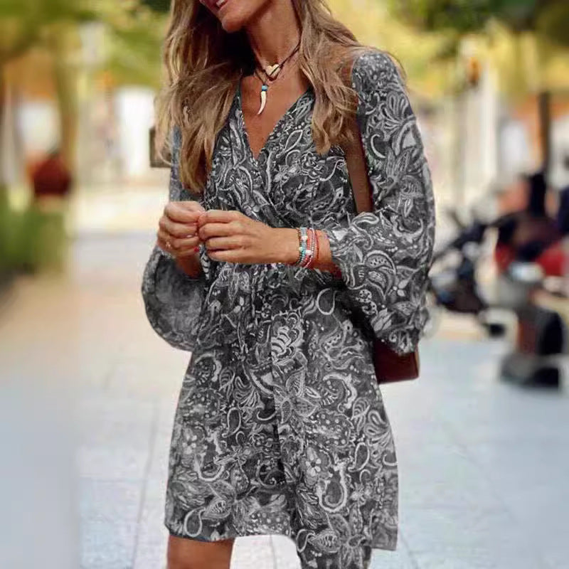 Women's Boho Mini Dress with Paisley Print, V Neck, Tied Belt and Balloon Sleeves Mune Fashion