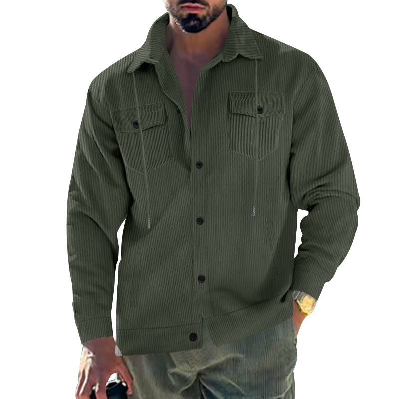 Men's cord jacket with stand-up collar, drawstring, continuous button placket, and applied chest flaps Mune Fashion
