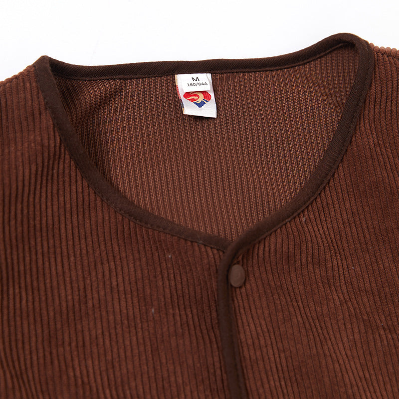 Women Cropped Round Neck Cardigan with Press Buttons made of Ribbed Knit Mune Fashion