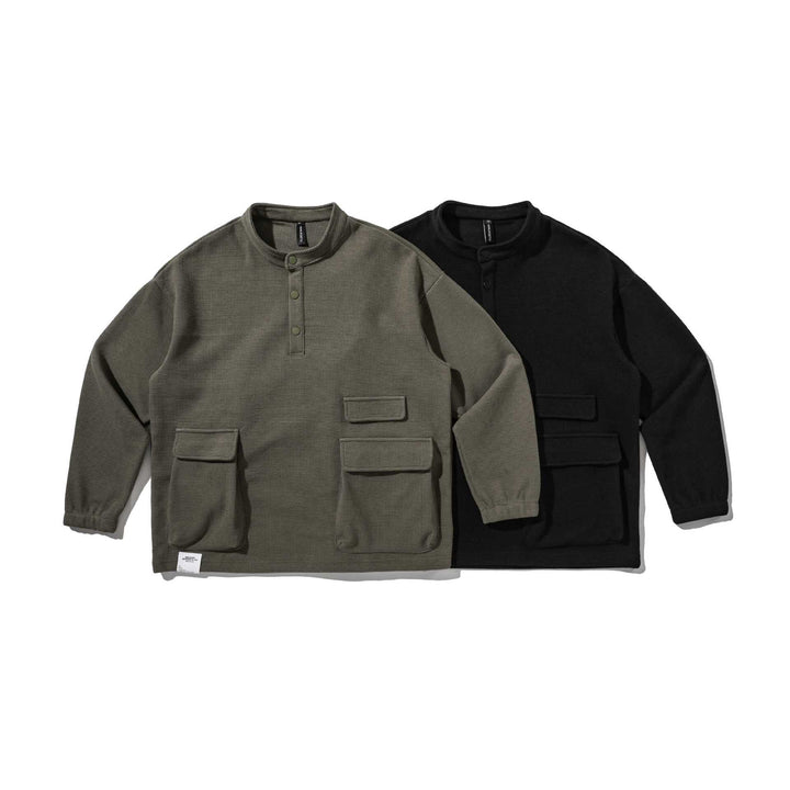 Men's Waffle Knit Henley Sweater with Stand Collar, Snap Placket, and Large Utility Pockets Mune Fashion