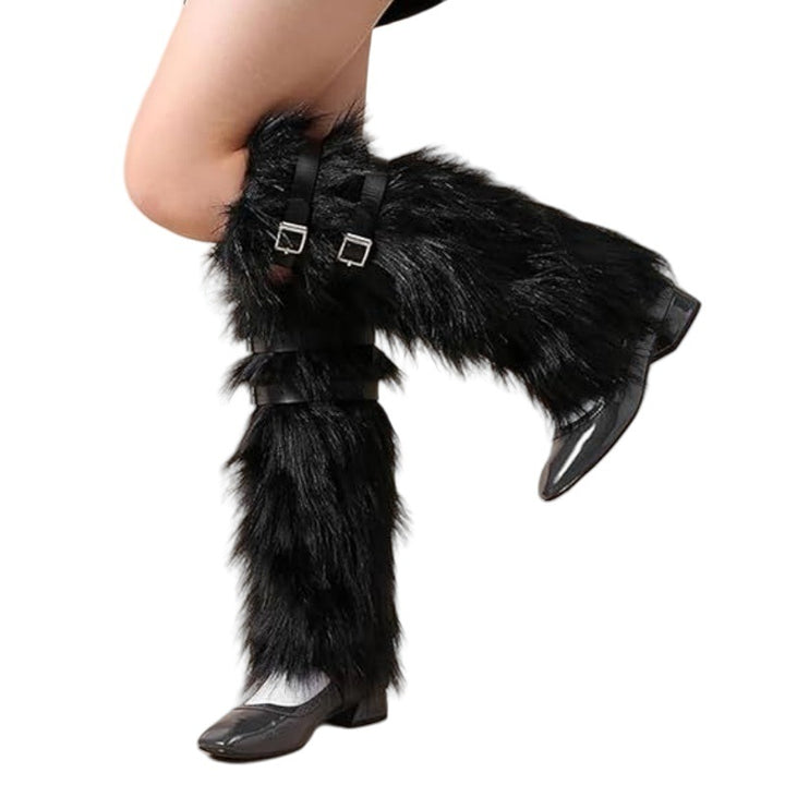 Women's Long Faux Fur Leg Warmers with Adjustable Buckles and Platform Cuffs Mune Fashion