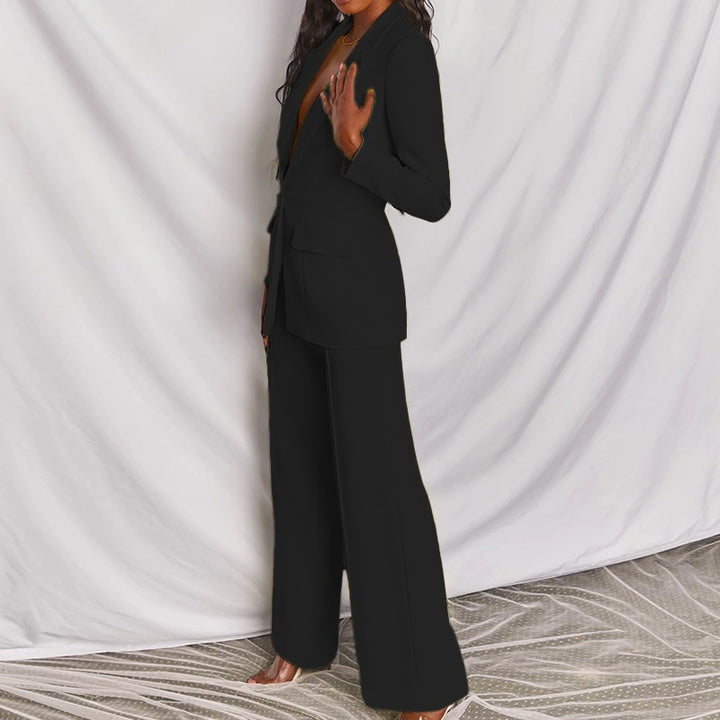 Ladies nan elegant Longline blazer with deep V-neck and wide palazzo pants suit Mune Fashion