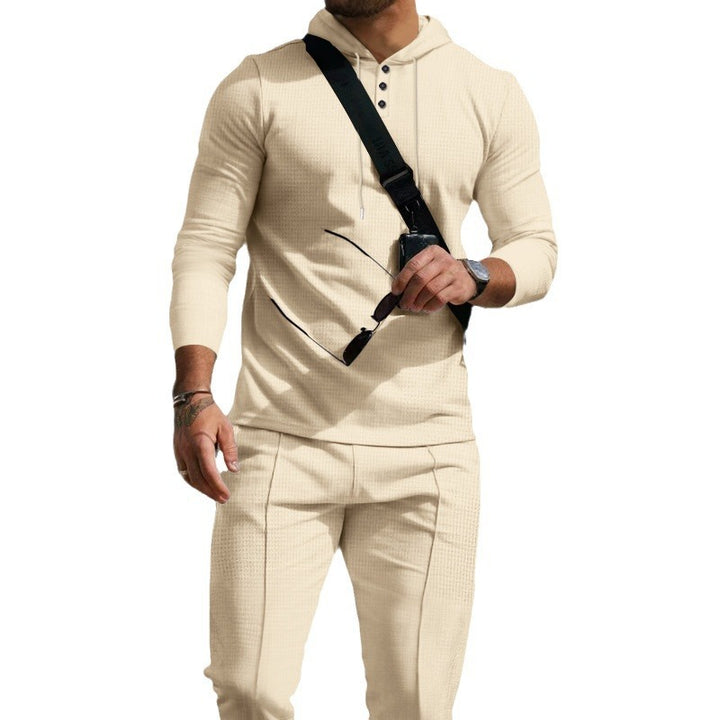 Men's slim-fitting hooded shirt with Henley button placket and tapered chinos set Mune Fashion