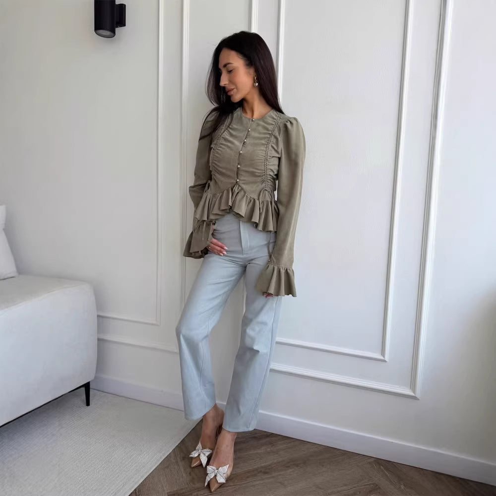 Women's Ruffled Fitted Blouse with Peplum & Puff Sleeves Mune Fashion