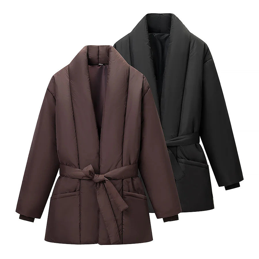 Women's nano quilted jacket with shawl collar, tie belt, and patch pockets Mune Fashion