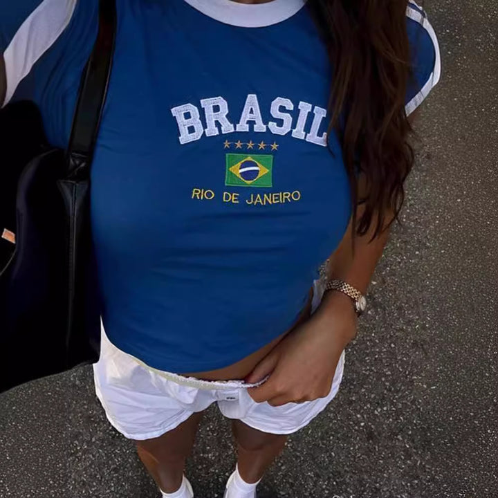 Women's short cotton crop shirt with round neck and Brazil print Mune Fashion