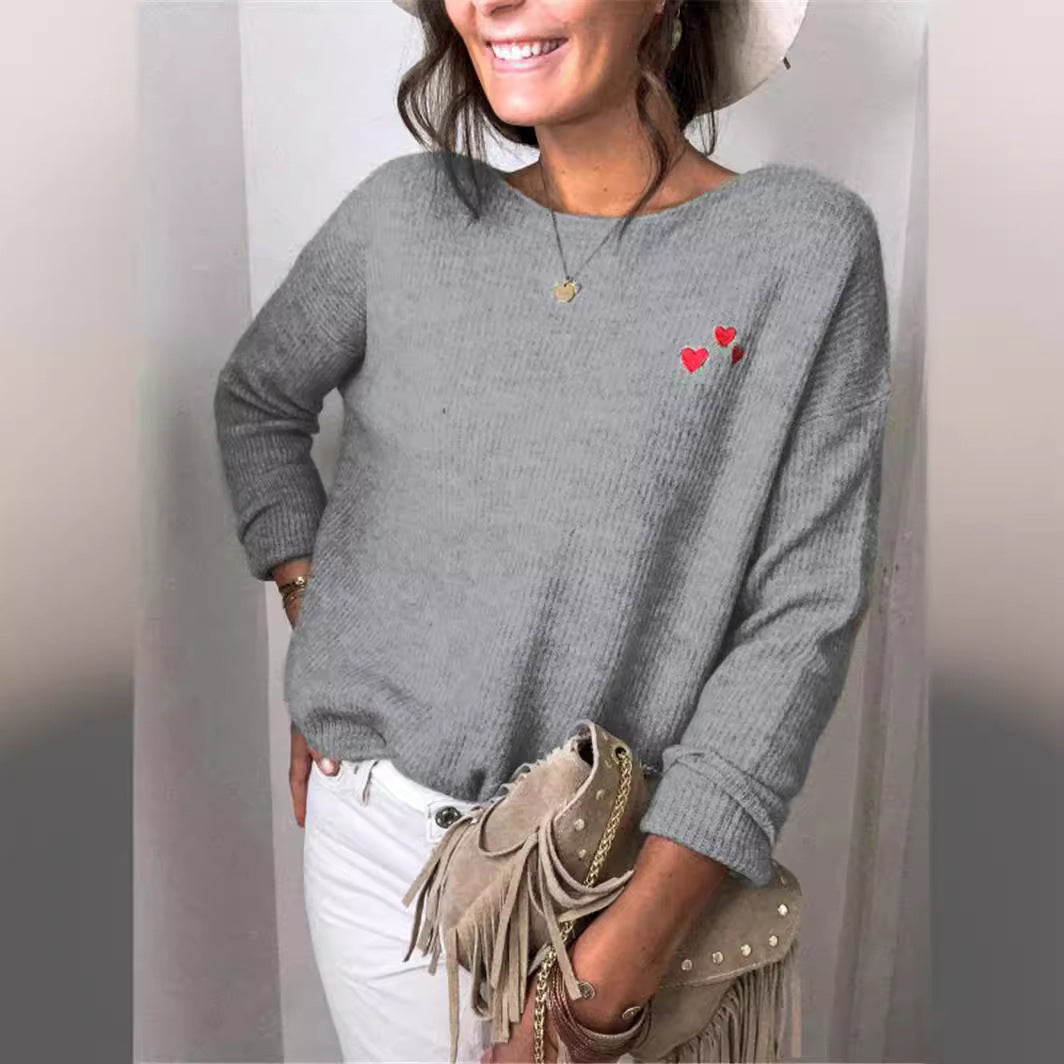 Ladies Oversize Knit Sweater with Heart Embroidery and Wide Boat Neck Drune