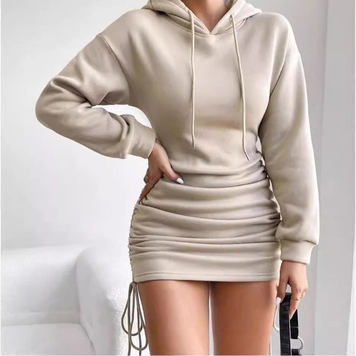 Women’s hoodie dress in sweatshirt style with gathered mini skirt and drawstrings Mune Fashion
